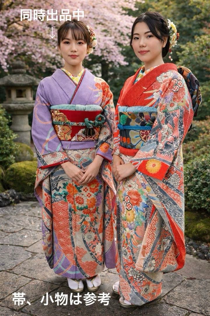 逸品】藤娘きぬたや 総絞り 振袖 橙色 裄64 長襦袢 刺繍半襟(さんび