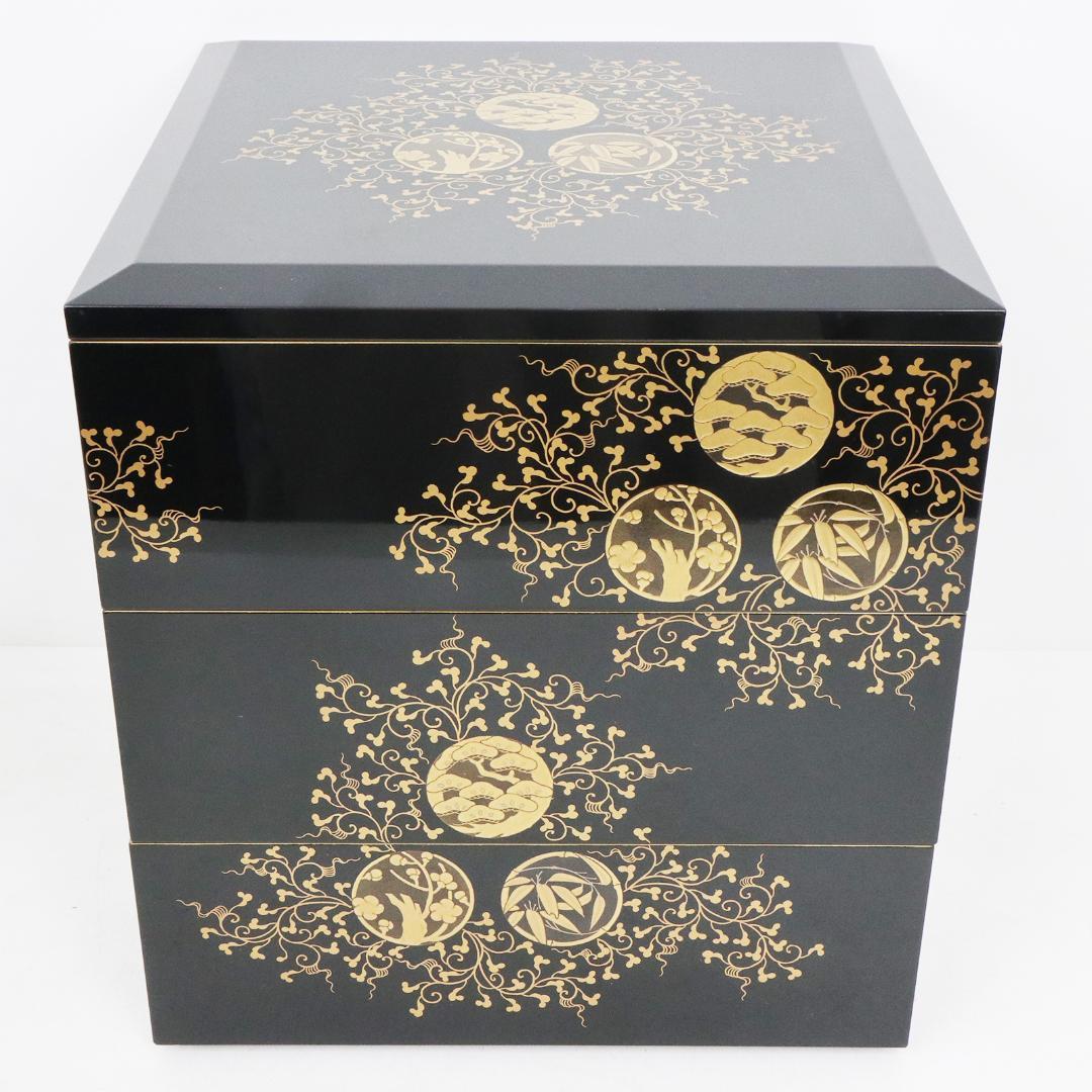 漆器 金蒔絵 花唐草 松竹梅 重箱 塗師 鐵二 共箱 共布
