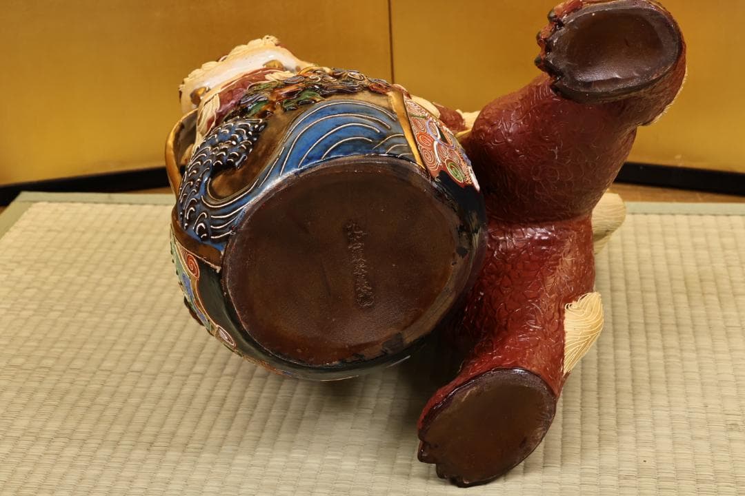 九谷焼 八幡釜 須栄義 獅子 龍玉 置物 床飾 縁起物 高さ35