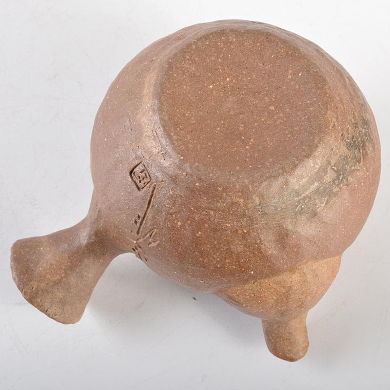 煎茶道具　萬古焼　古稀一光作　日本晴刻　手捻　横手急須　茶壷　D　R5478