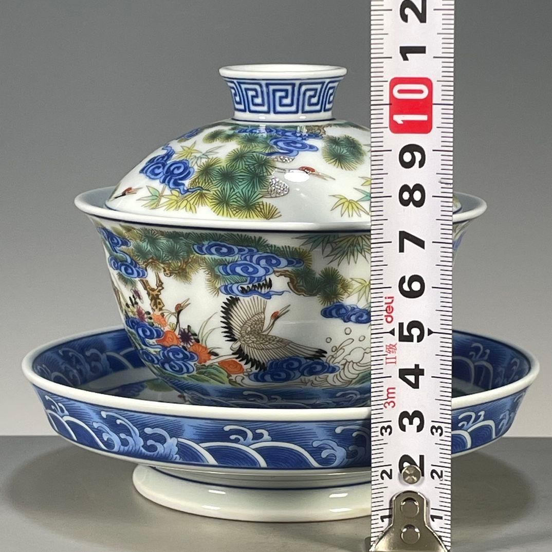 中国茶器 景德鎮 五色松鶴献寿図三才蓋碗 茶碗 新品未使用