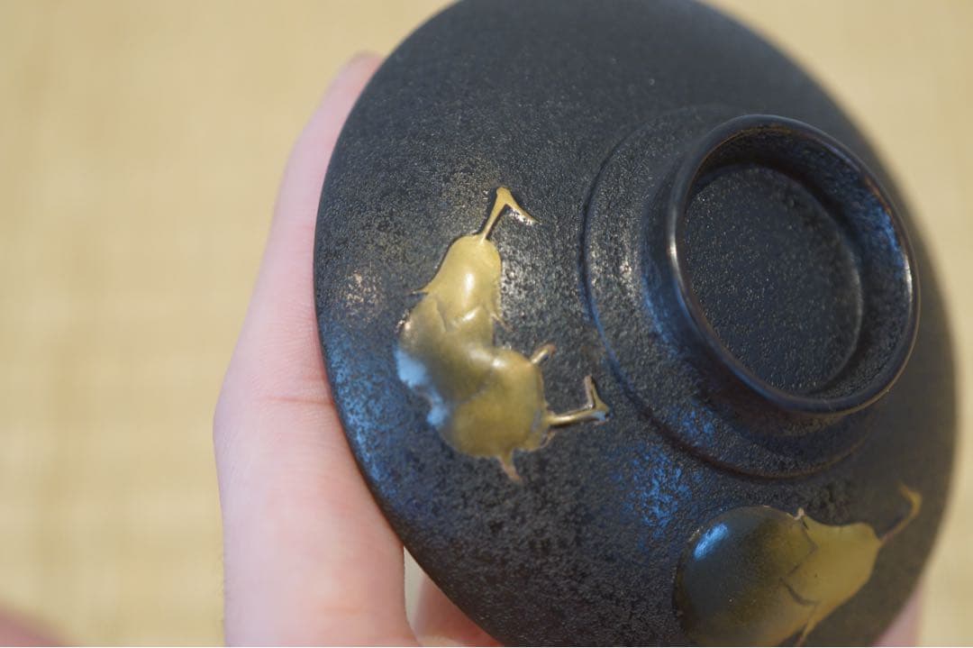 茄子高蒔絵・富士山蒔絵・朱印入り 黒乾漆粉塗 小吸物椀 2客/ 木製漆器 茶懐石