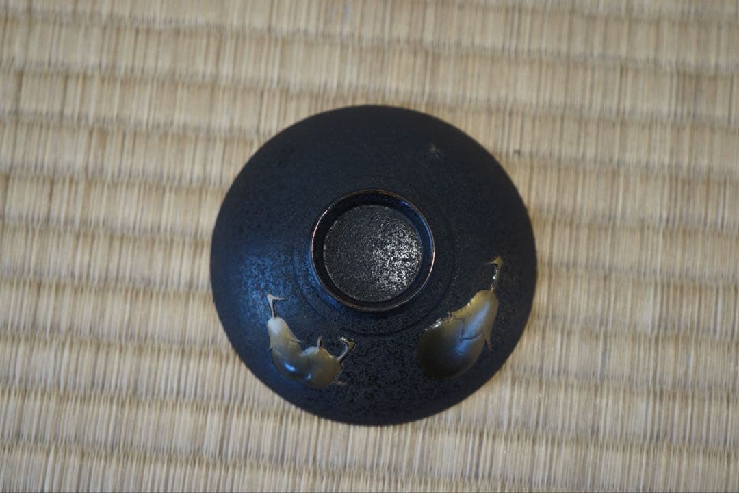 茄子高蒔絵・富士山蒔絵・朱印入り 黒乾漆粉塗 小吸物椀 2客/ 木製漆器 茶懐石