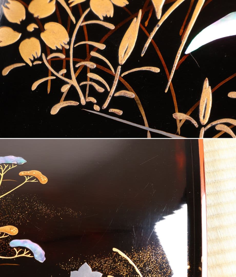 古い膳 螺鈿 流水草花 金銀蒔絵 四方膳 卓上 五客 根来 黒 木製 CM388
