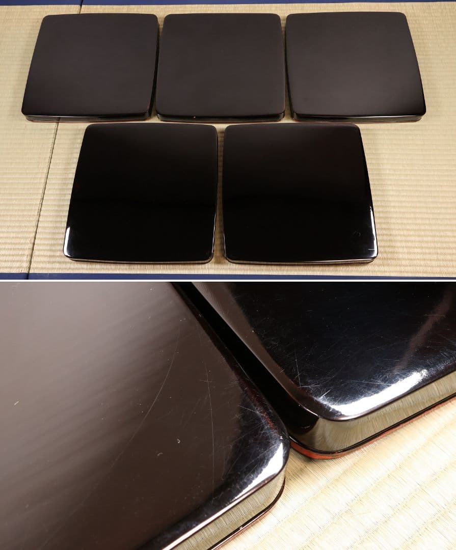 古い膳 螺鈿 流水草花 金銀蒔絵 四方膳 卓上 五客 根来 黒 木製 CM388