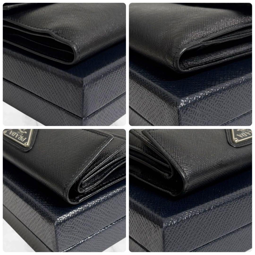 極美品✨ PRADA プラダ 三つ折り財布 サフィアーノ ブラック 三角ロゴ