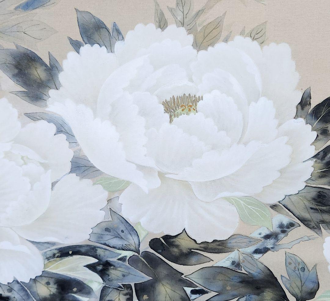 牡丹図】栗山北洋 2694 共箱 掛け軸 肉筆 ボタン 池上秀畝門