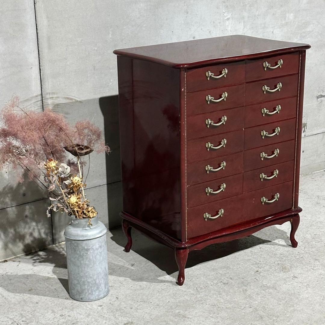 輸入家具꧂アンティーク調 7段チェスト ワインレッド 猫脚 クラシック収納