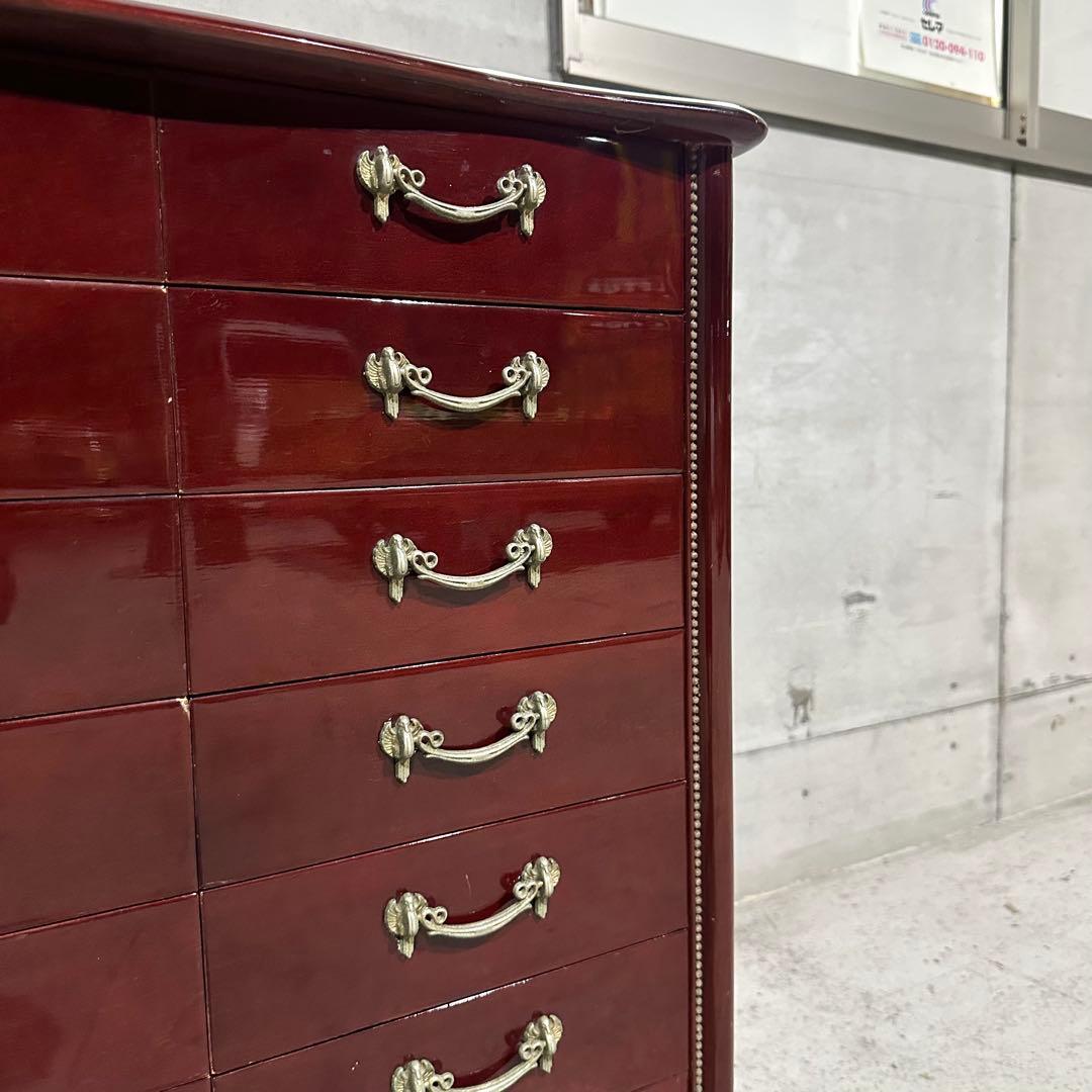 輸入家具꧂アンティーク調 7段チェスト ワインレッド 猫脚 クラシック収納