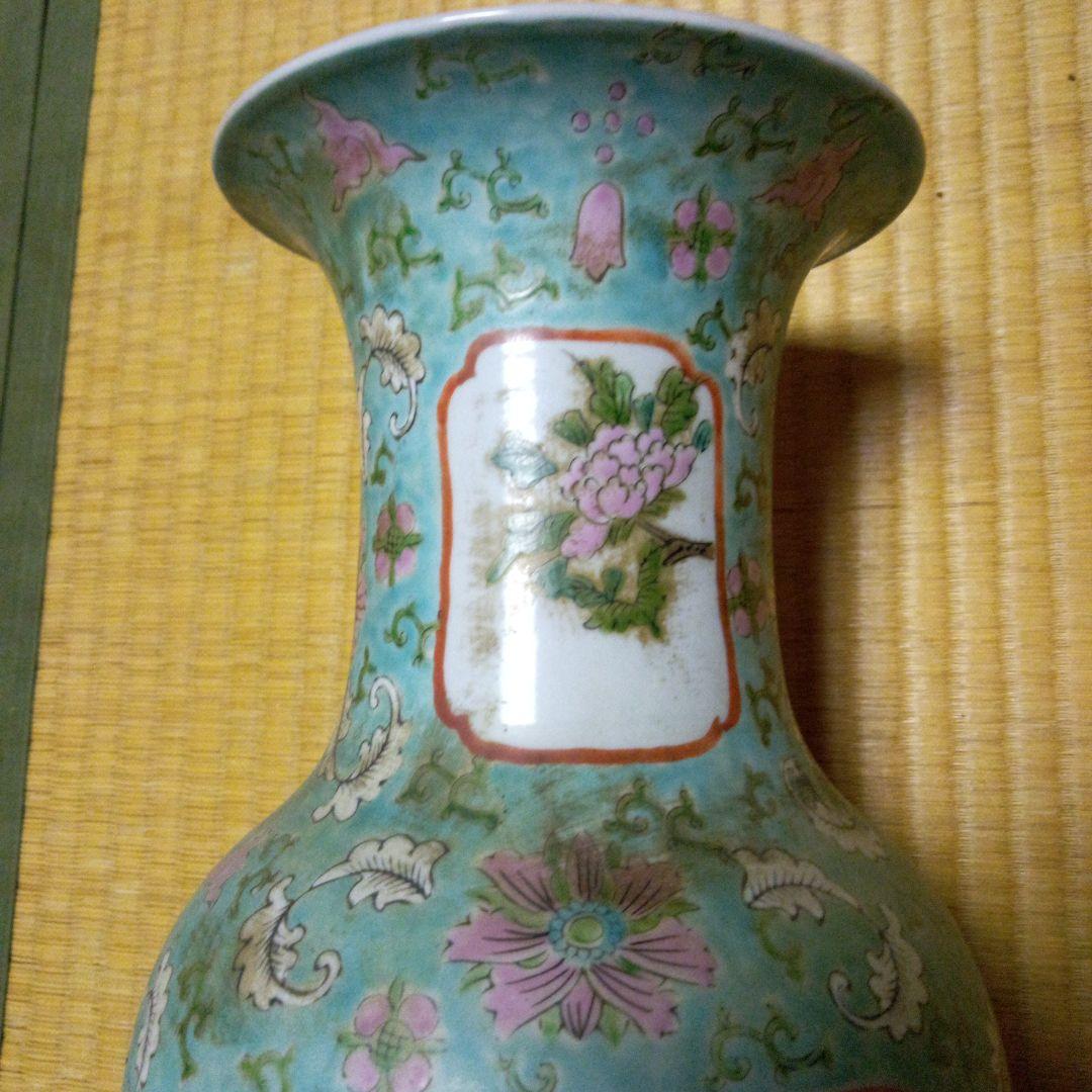 青と緑の花模様 陶器花瓶 約46cm