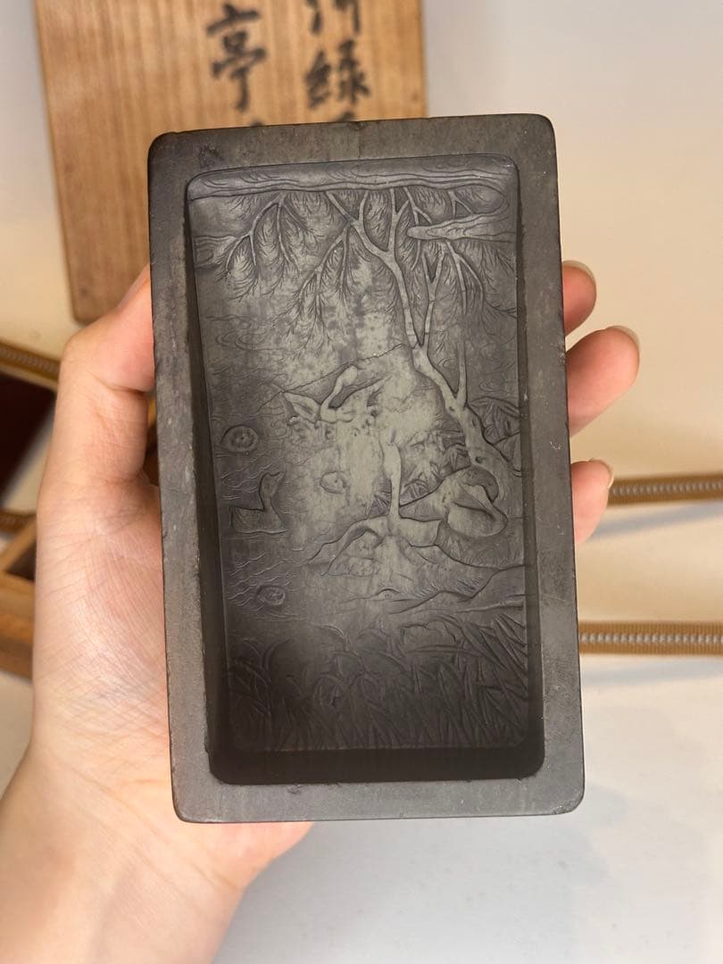 希少 宋時代 緑石 蘭亭硯 四面彫刻 稀少品 蓋・台座・共箱付