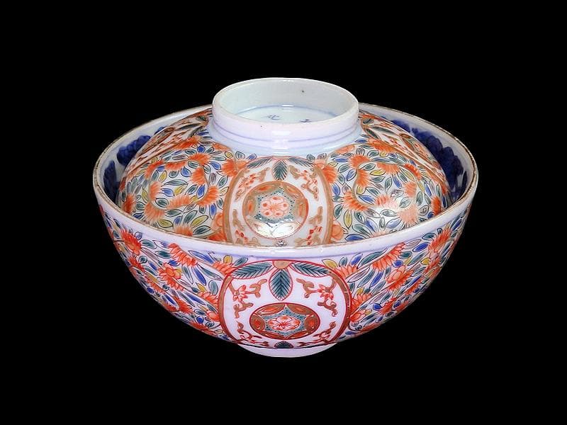 古伊万里　色絵　花繋ぎの図　蓋茶碗　江戸期　CZu