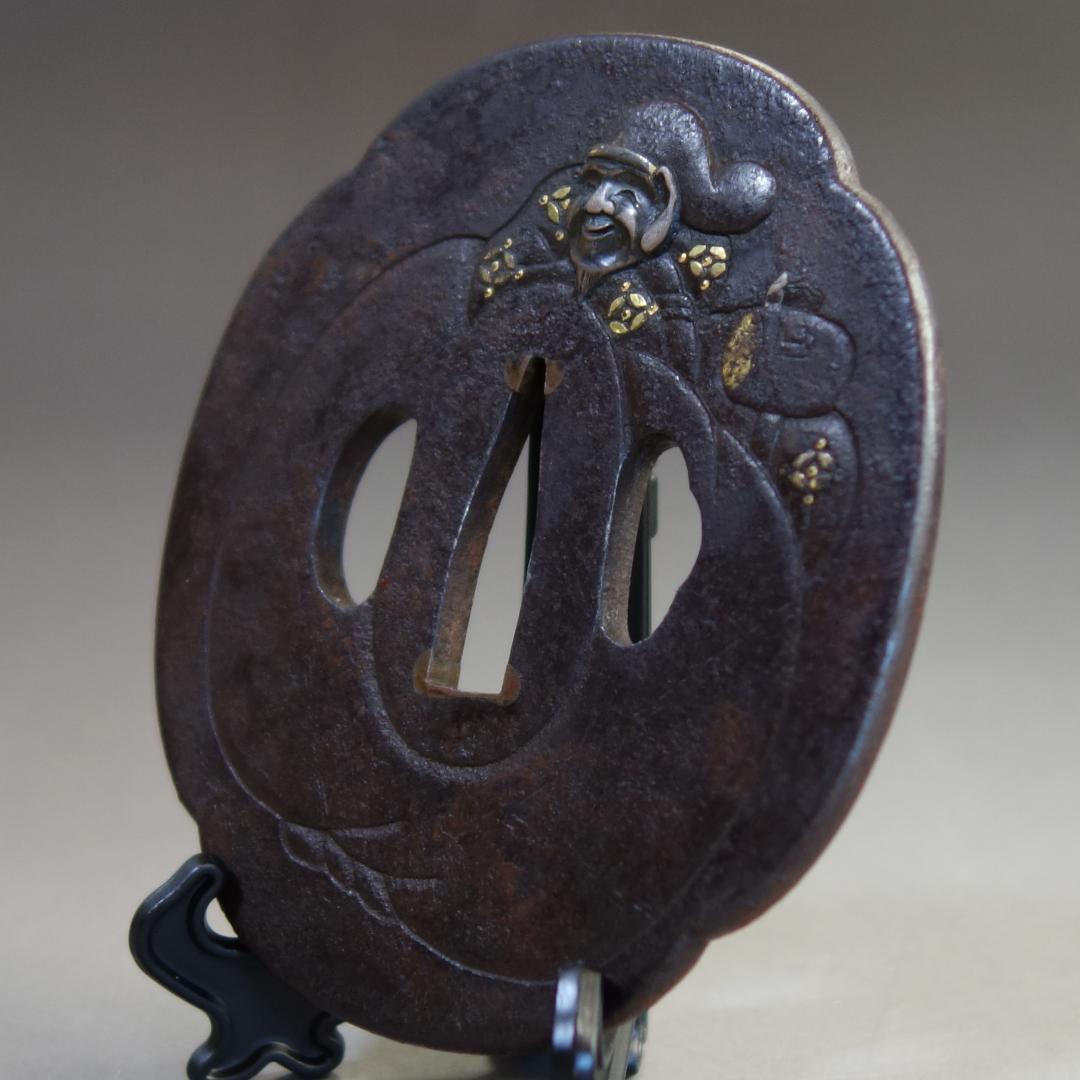 【 大黒天図鍔 】 鍔 鐔 鉄地 象嵌 刀装具 武具 骨董 アンティーク