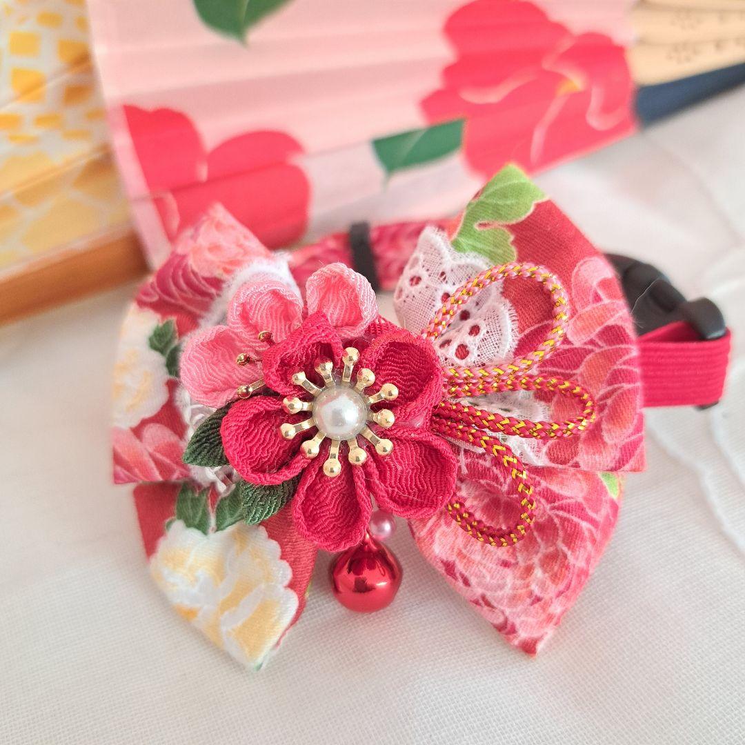 ダブルリボン、和風つまみ細工(黒×赤)わんちゃん猫ちゃん用首輪