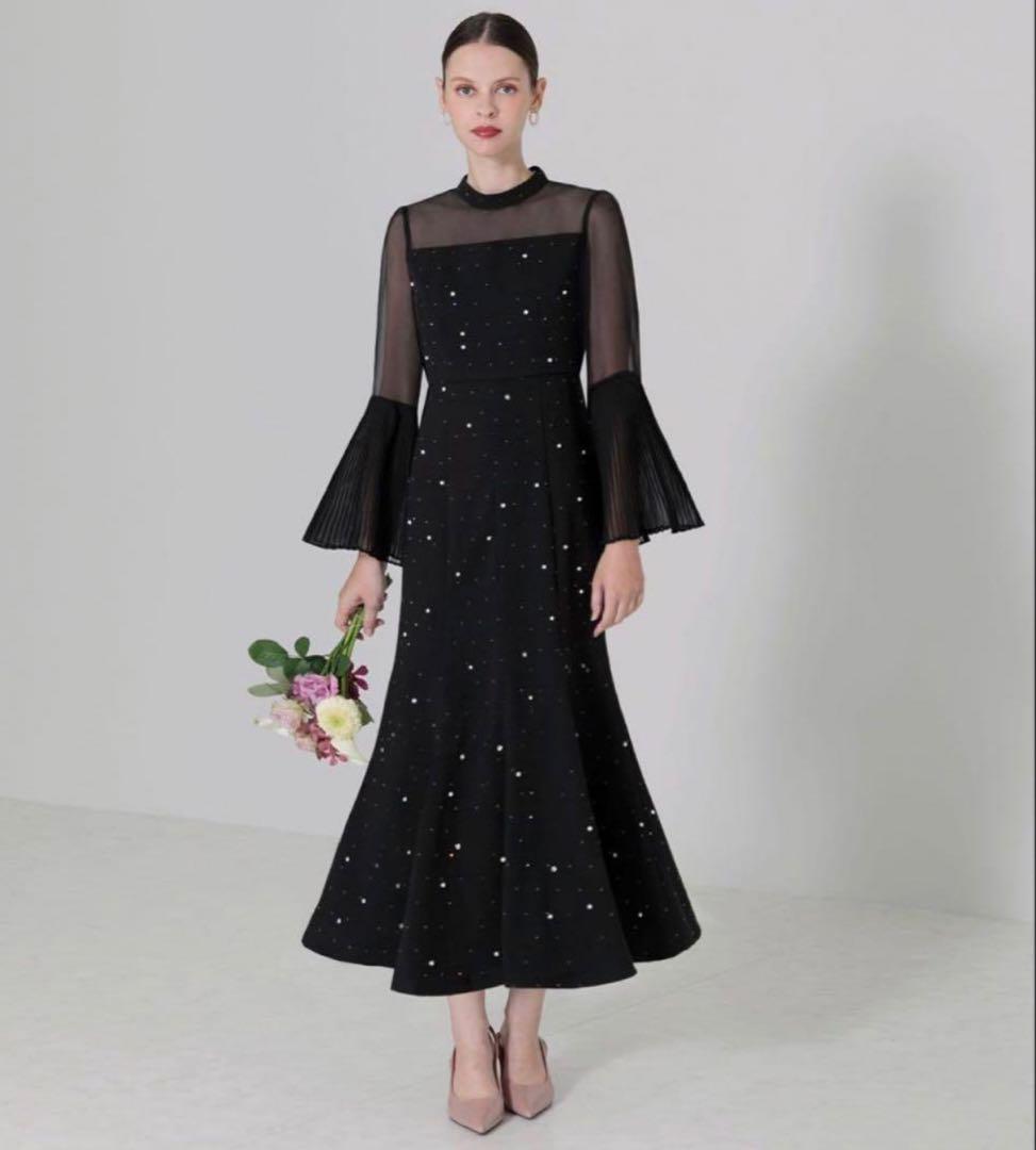 【美品】LEJAパールビジュープリーツフレアスリーブマーメイドワンピースドレス