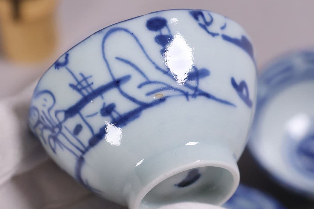 中国 染付 煎茶椀 五客 山水 鳥図 茶器 陶磁器 【MA581】 中国 染付