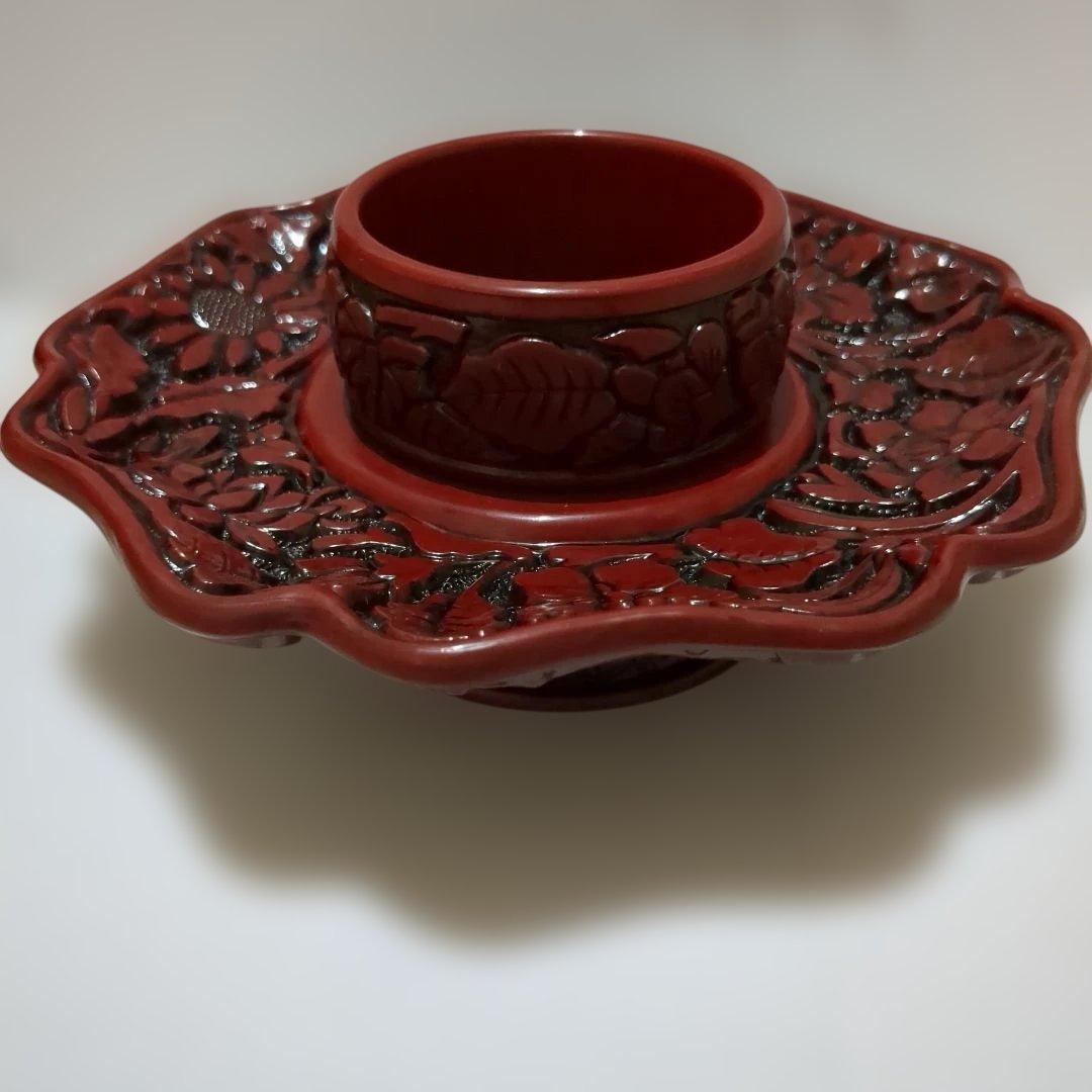 天目台 茶道 お茶の稽古 天目茶碗用 茶椀 えんじ色 彫り物