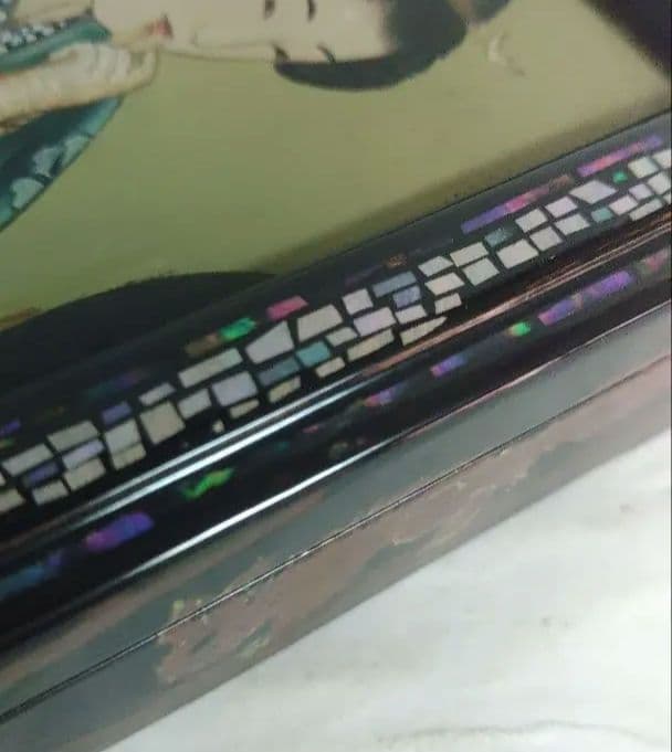 小箱　硝子絵　宝石箱　煙草入れ　漆絵　美人画　葡萄栗鼠　螺鈿　木製　ミ10