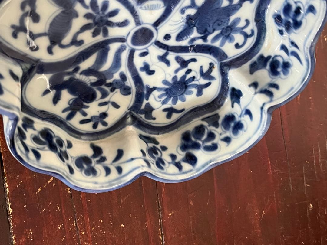 希少注文品 清朝期新渡 青花染付 輪花形捻り花 蝶虫 中国古玩 変形向付