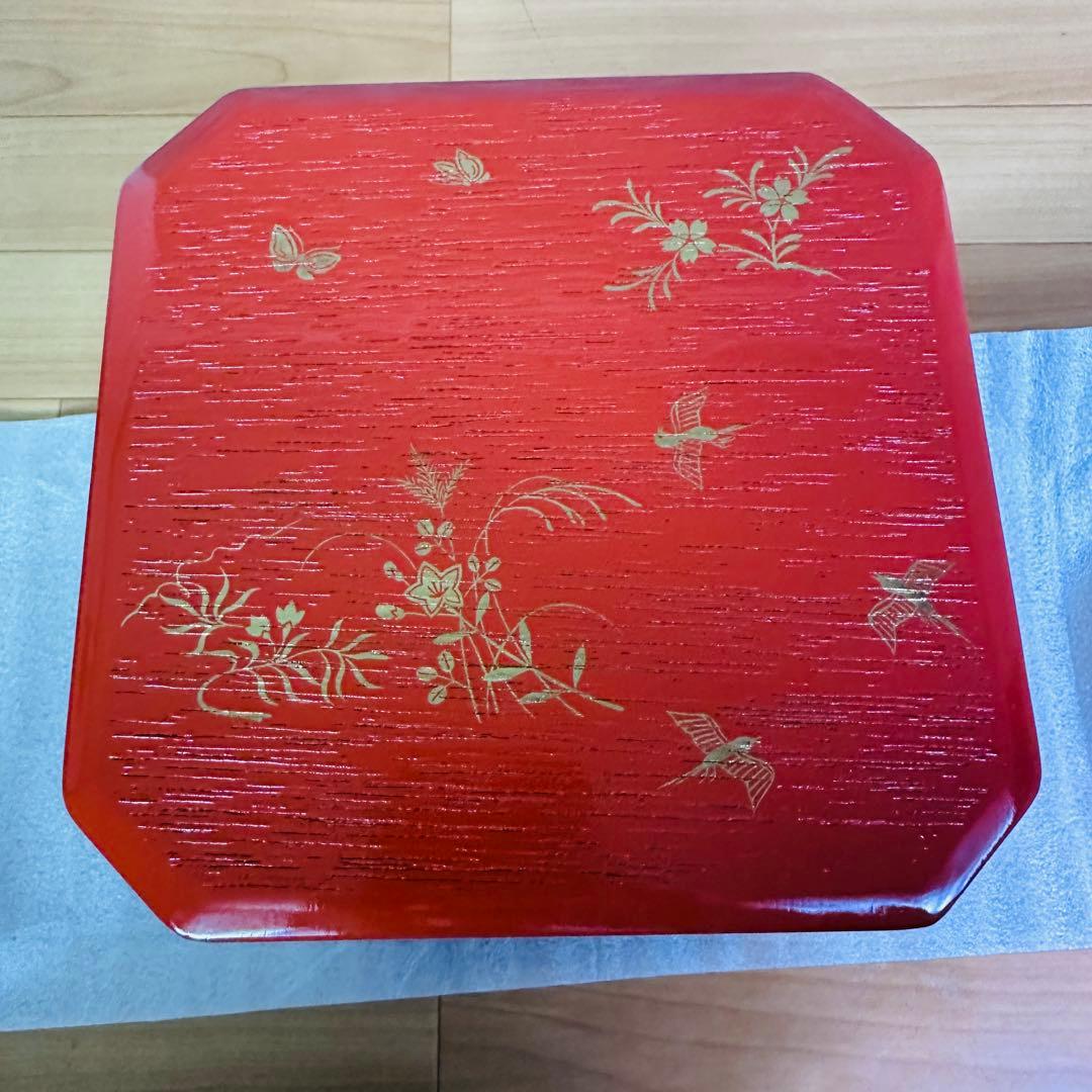 【茶道具　菓子器】縁高重　漆塗り　花鳥　中村湖彩作　5客