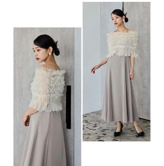 新品タグ無★シャーリングチュールトップス セット ドレス ニアナ L ベージュ