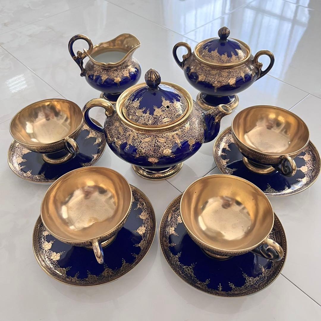 オールドノリタケ 金盛藍線帯華装飾紋 メイプルリーフ印 ペディスタル