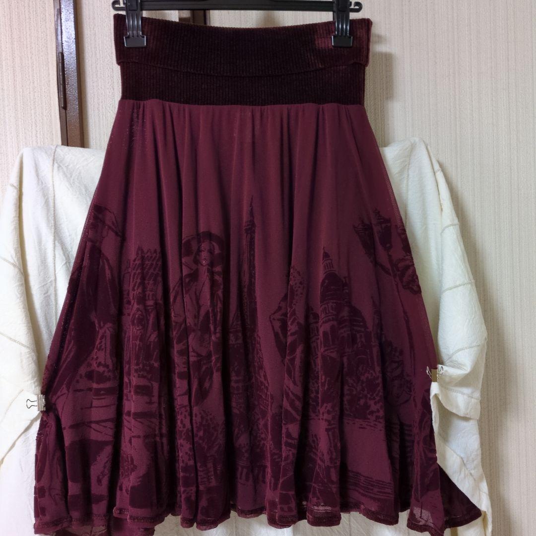 バーガンディ フレアスカート 風景プリント
