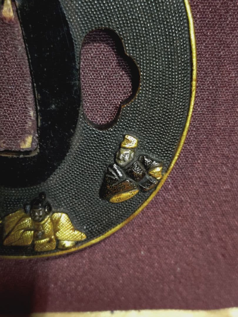 赤銅 魚子地 象嵌 人物 鍔 武者 僧侶 金工 武具 刀装具