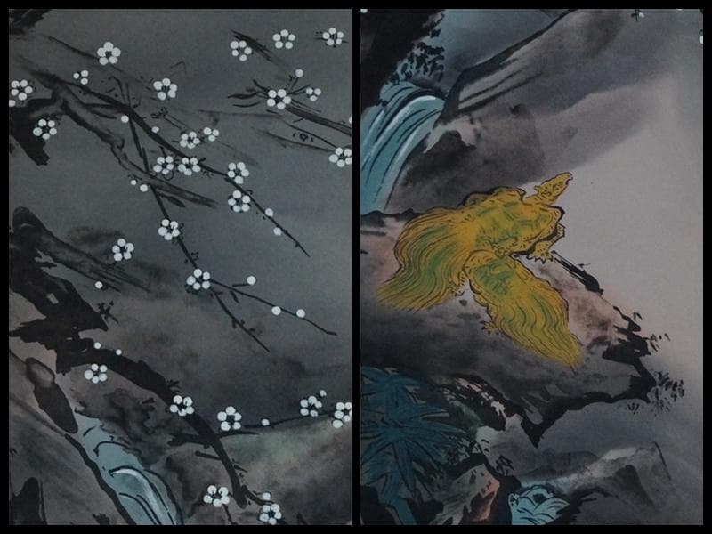 江戸期 狩野芳崖作『寿老鶴亀之図』肉筆 新作 絹本 日本画家作品 掛軸