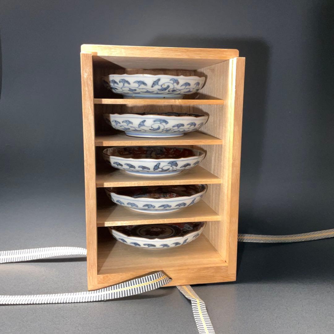 伊万里金襴手 花籠図小皿5枚組 桐箱付 ∅11 骨董