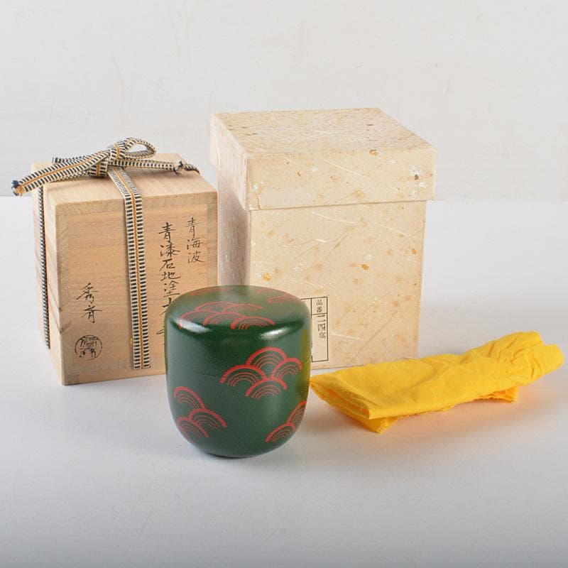 茶道具　中谷秀斉作　青海波　青漆石地塗　大棗　共箱　V　6553 茶道具 中谷秀斉作 青海波 青漆石地塗 大棗 共箱