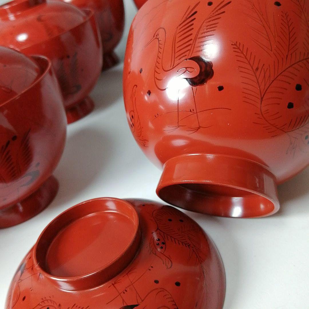 塗師　長遊斎　鶴漆絵　沈朱小吸物椀　拾客　　朱塗　鶴絵　木製　懐石　会席　茶道具