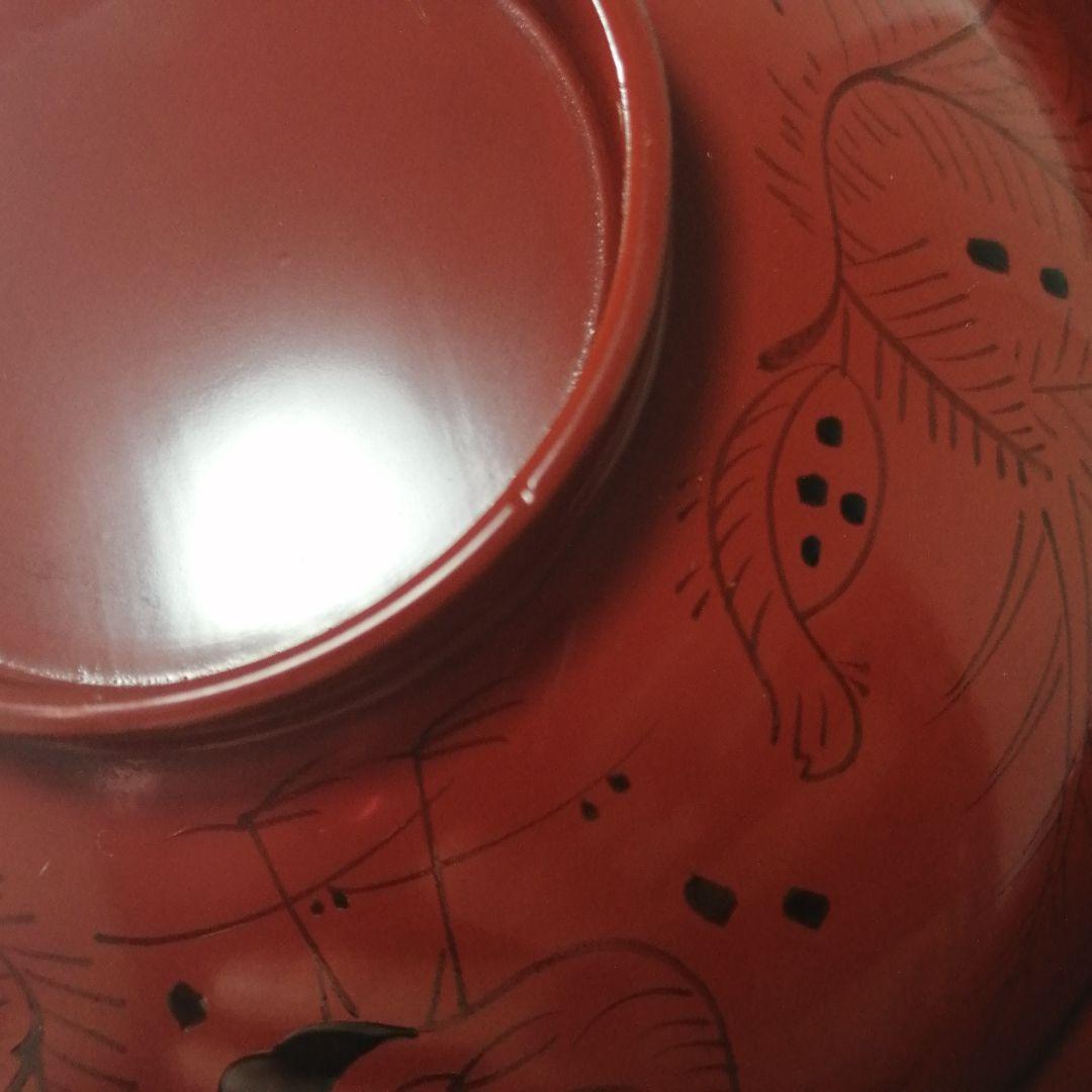 塗師　長遊斎　鶴漆絵　沈朱小吸物椀　拾客　　朱塗　鶴絵　木製　懐石　会席　茶道具