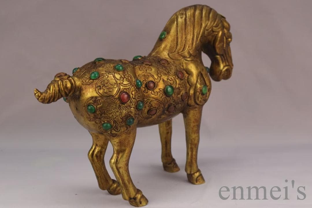 中国古美術 旧蔵 鍍金銅馬 精銅製 鍍金装飾 彫刻馬像 置物 純手作り 古