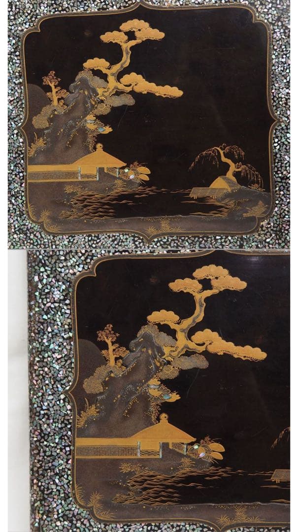 送料無料　旧家蔵出　江戸時代　螺鈿蒔絵山水楼閣文4重箱　合箱