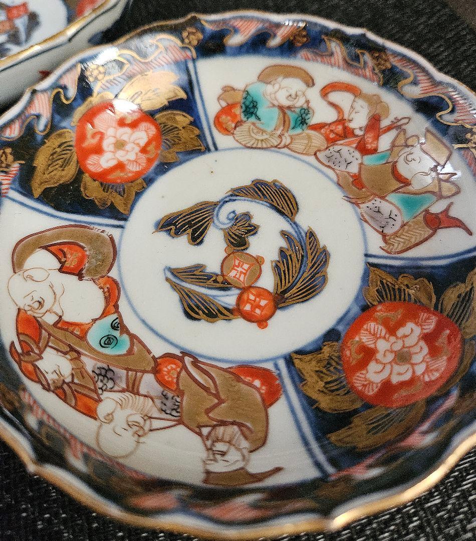 上作珍品❗】江戸時代後期 古伊万里 金彩色絵 七福神に花の図 輪花小皿