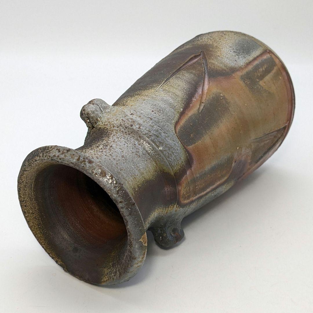 備州窯 備前焼 灰被り窯変耳付花入 共箱栞 花器 フラワーベース 花瓶 華道具