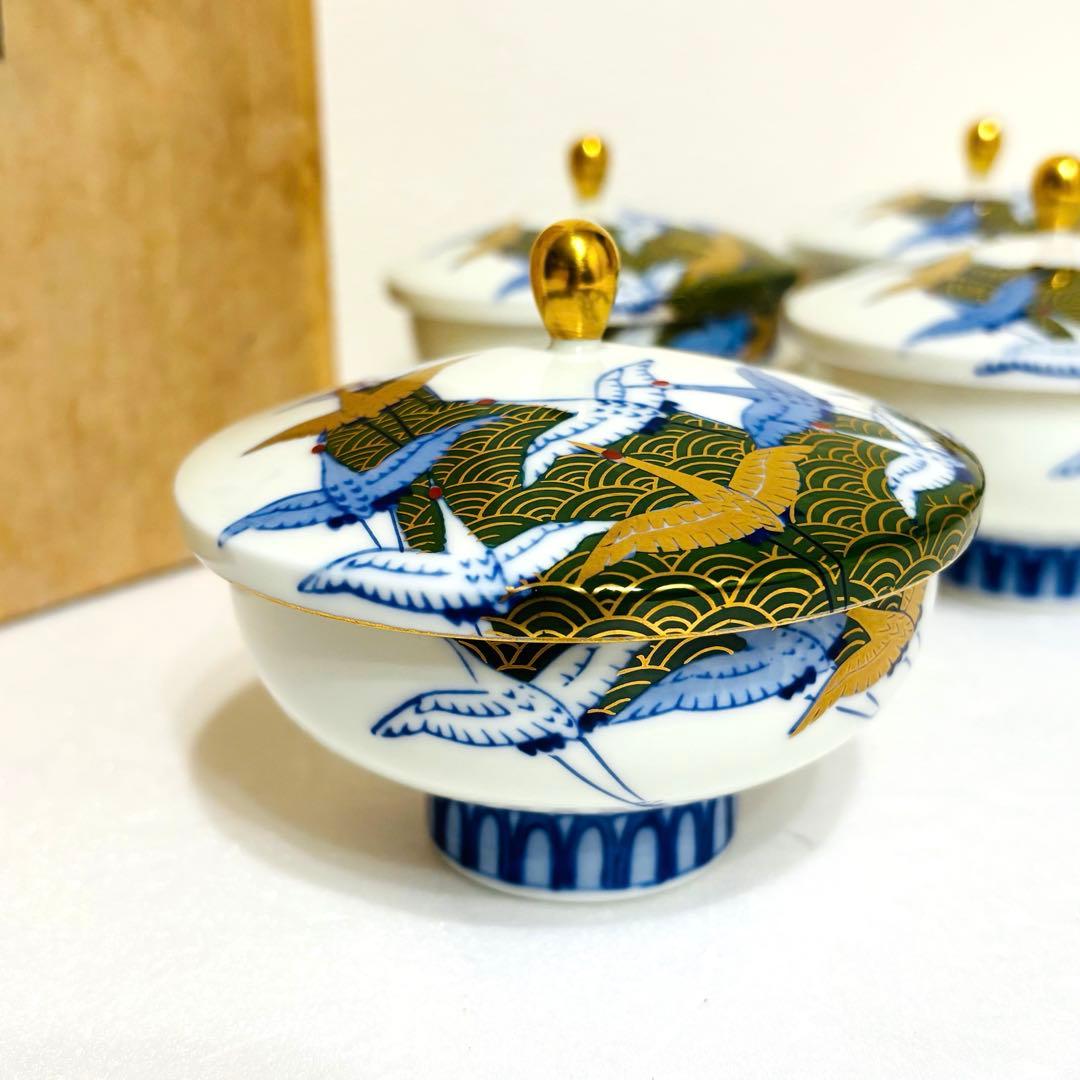 ⭐️ 深川製磁 西海波鶴紋 蓋付き湯呑み揃（汲出碗揃） 5客