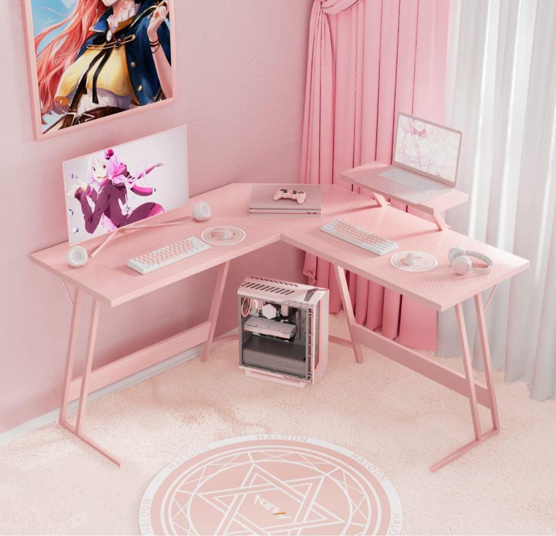 未開封 ゲーミングデスク l字 ピンク モニター台付き PCデスク
