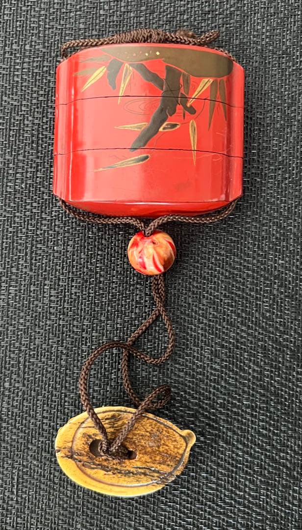 時代物 印籠 根付 蒔絵 三段 鯉 鼠 アンティーク 収納袋付 江戸-明治