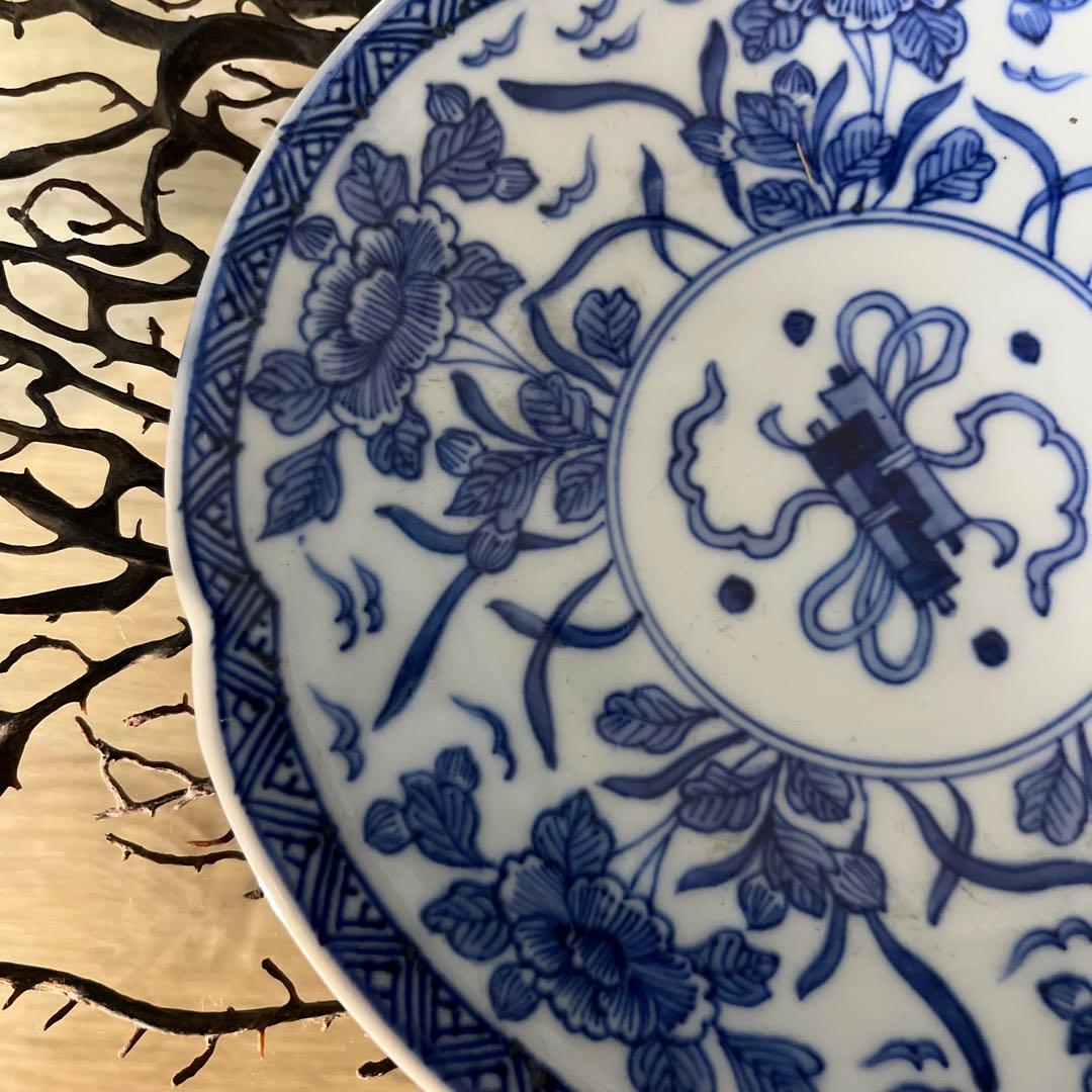 骨董 有田焼 輸出用 里帰り 悲劇の精磁会社 梅花フチ 青花 プレート 中皿