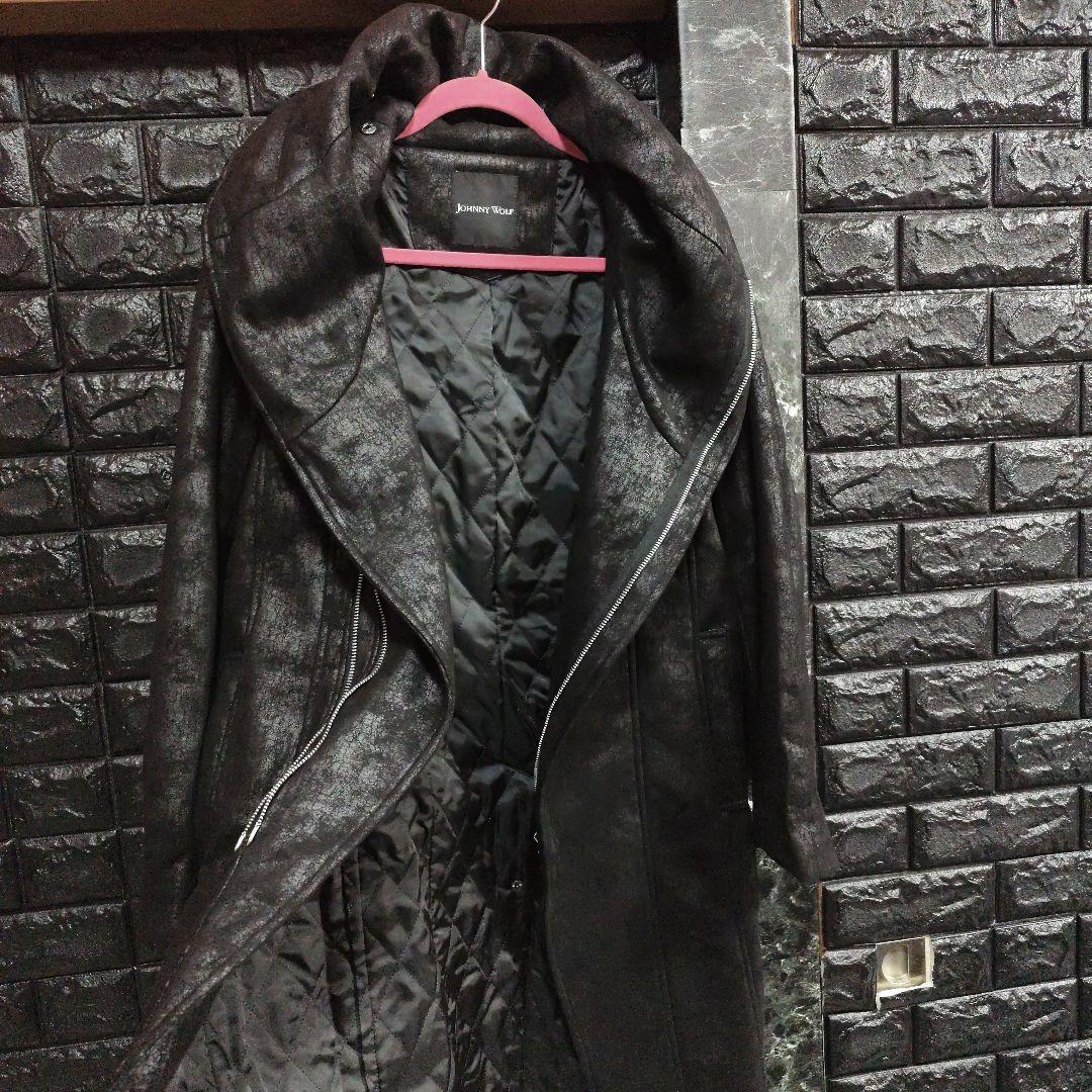 美品　JOHNNY WOLF　豹柄　BIGフーデッドロングライダースコート