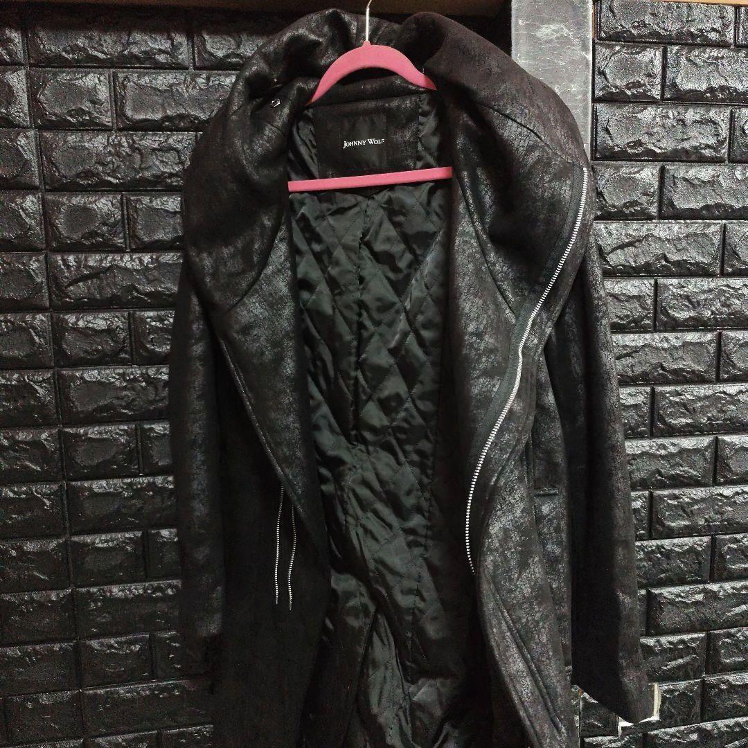 美品　JOHNNY WOLF　豹柄　BIGフーデッドロングライダースコート