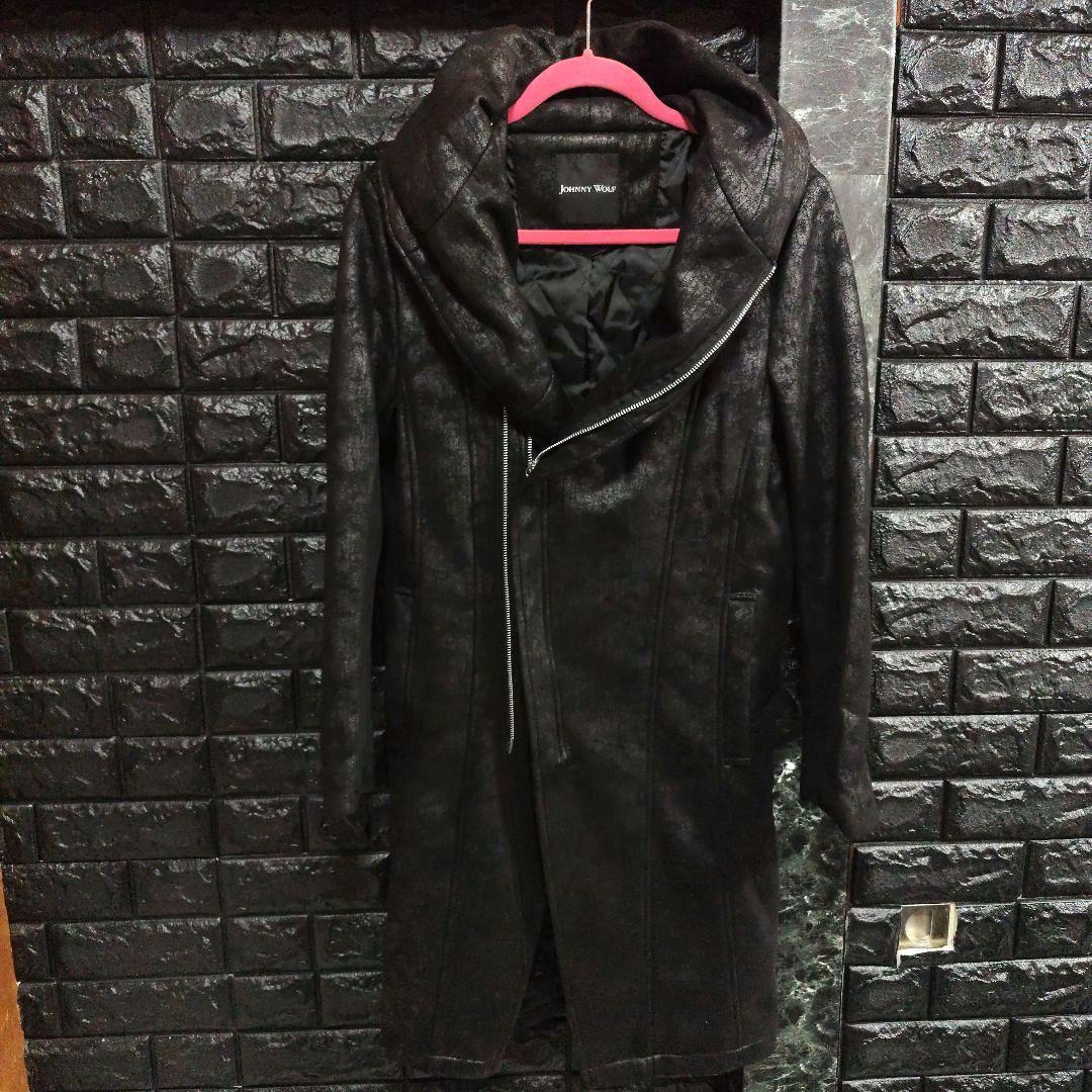 美品　JOHNNY WOLF　豹柄　BIGフーデッドロングライダースコート