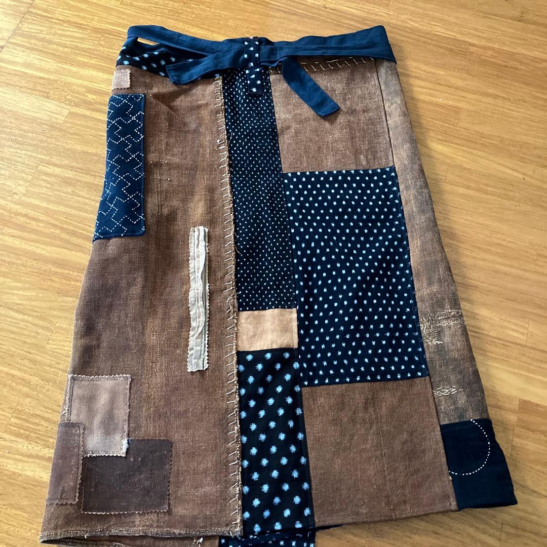 柿渋染め古布酒袋刺し子雪ん子絣巻きスカートラップスカート前掛け