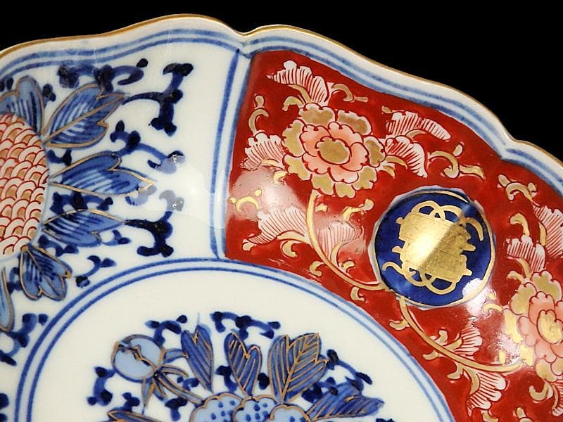 大聖寺伊万里 　染錦　牡丹に巻物の図　膾皿　４客　C135A- ALg