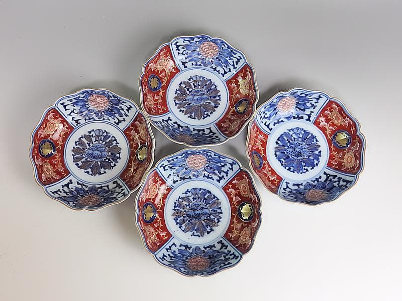 大聖寺伊万里 　染錦　牡丹に巻物の図　膾皿　４客　C135A- ALg