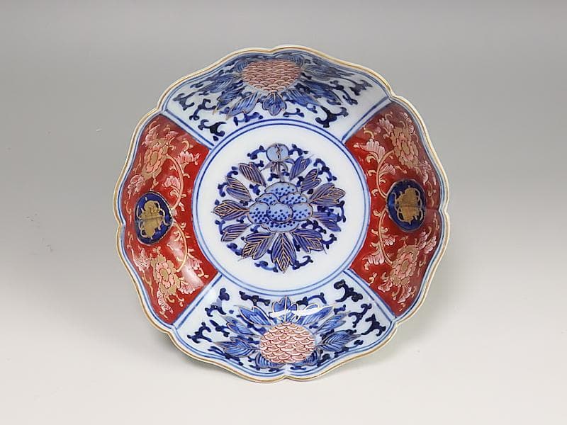 大聖寺伊万里 　染錦　牡丹に巻物の図　膾皿　４客　C135A- ALg