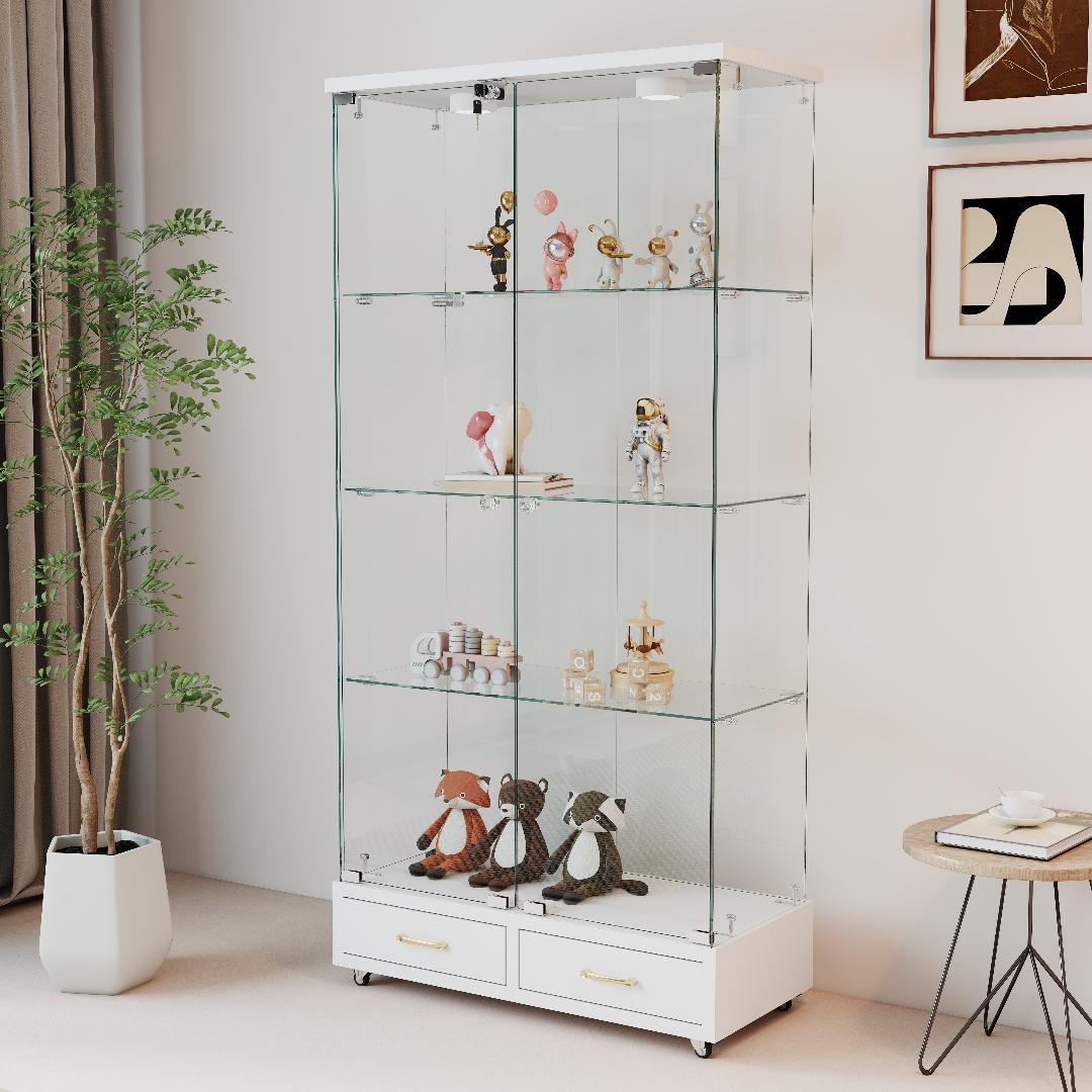 ホワイト】 LED照明・引出し付 ガラス収納キャビネット4段 両開ドア
