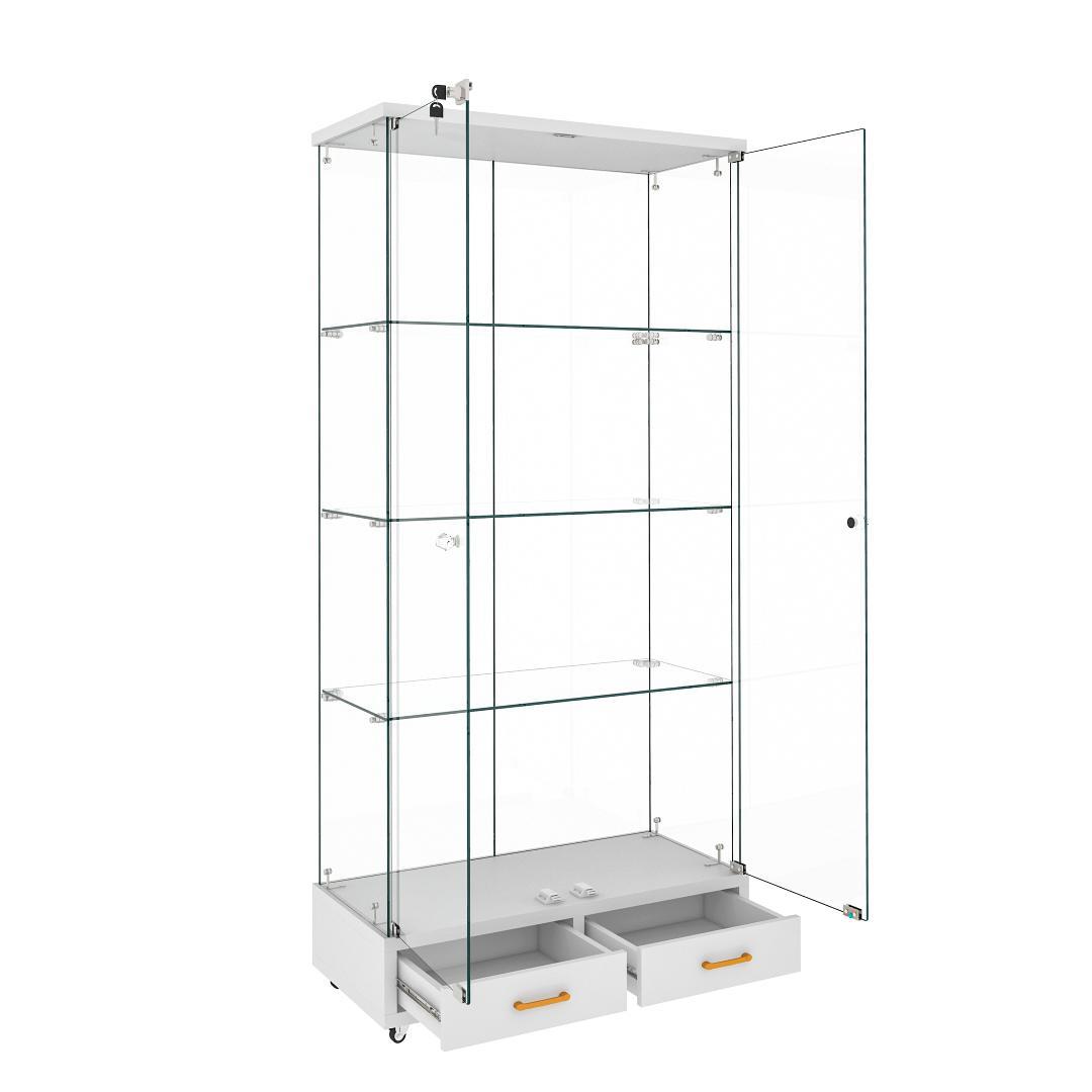 ホワイト】 LED照明・引出し付 ガラス収納キャビネット4段 両開ドア